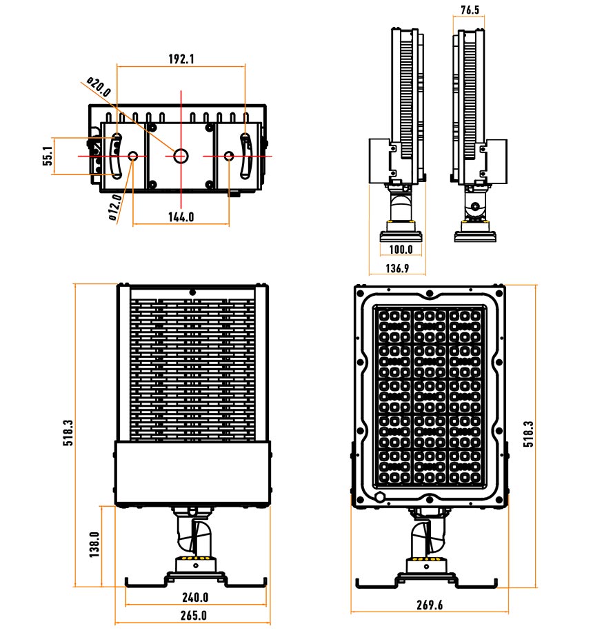 240W 300W LED Stadium Light Fixtures Dimension