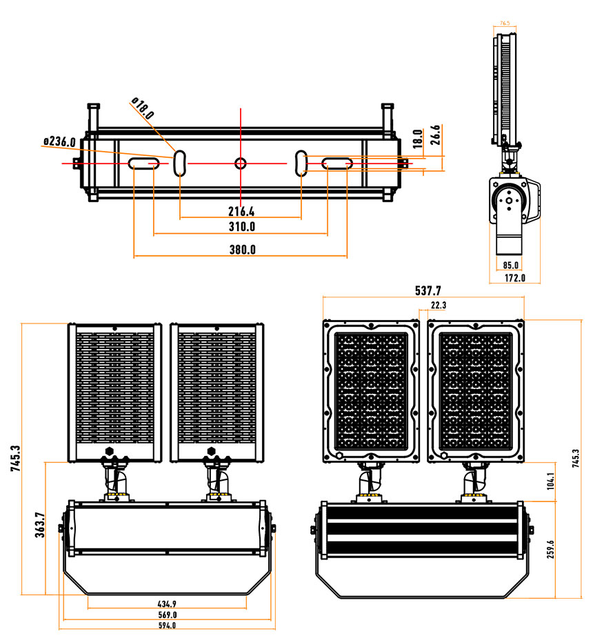 480W 600W LED Stadium Light Fixtures Dimension