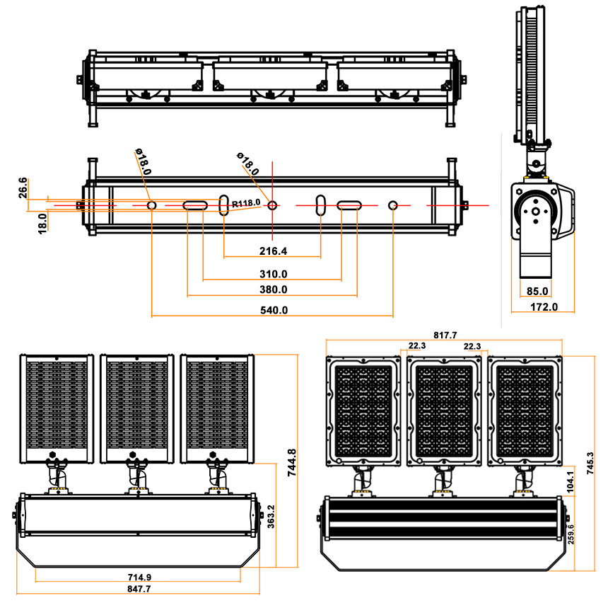 720W 900W LED Stadium Light Fixtures Dimension