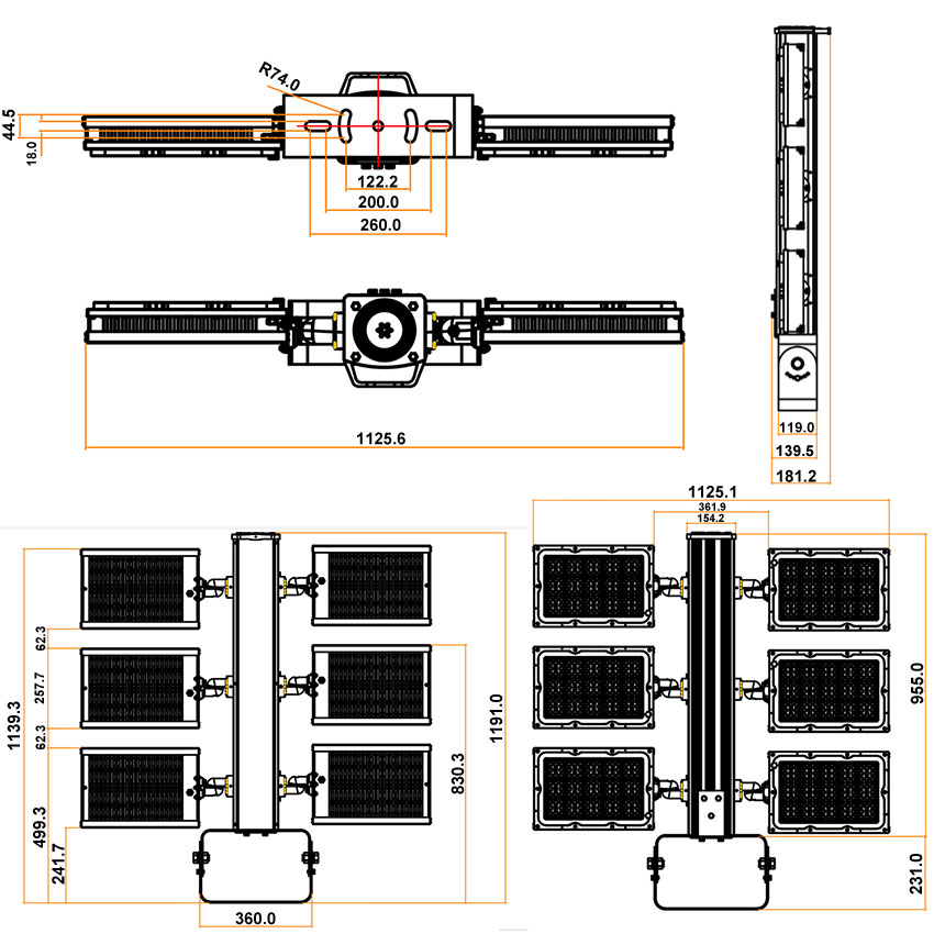 1440W 1800W LED Stadium Light Fixtures Dimension